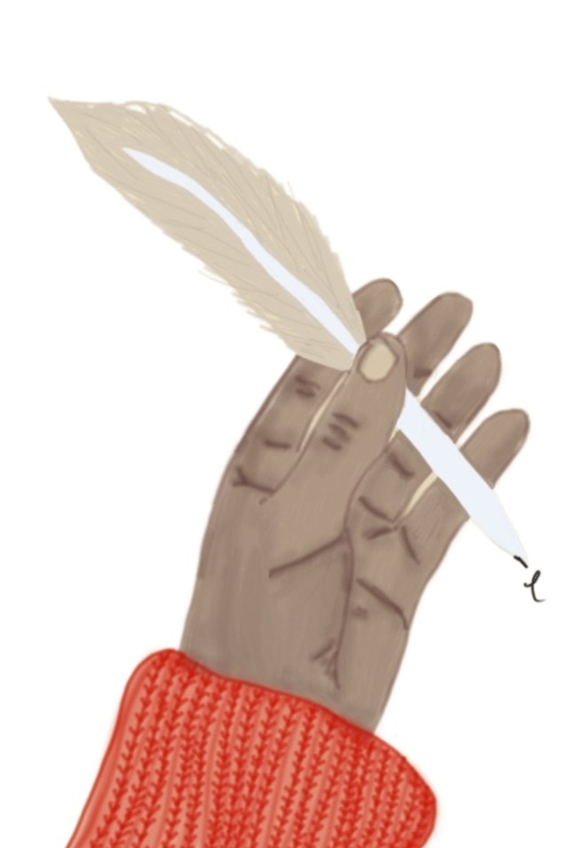 a drawing of a hand holding a quill
