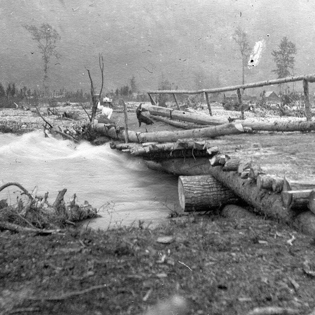 Black and white photo of woman and dog on low bridge in flood plane.